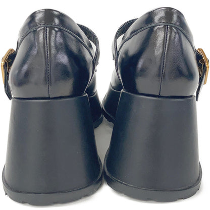 521143 Black Leather T-Strap Platform Shoes 40 Women's