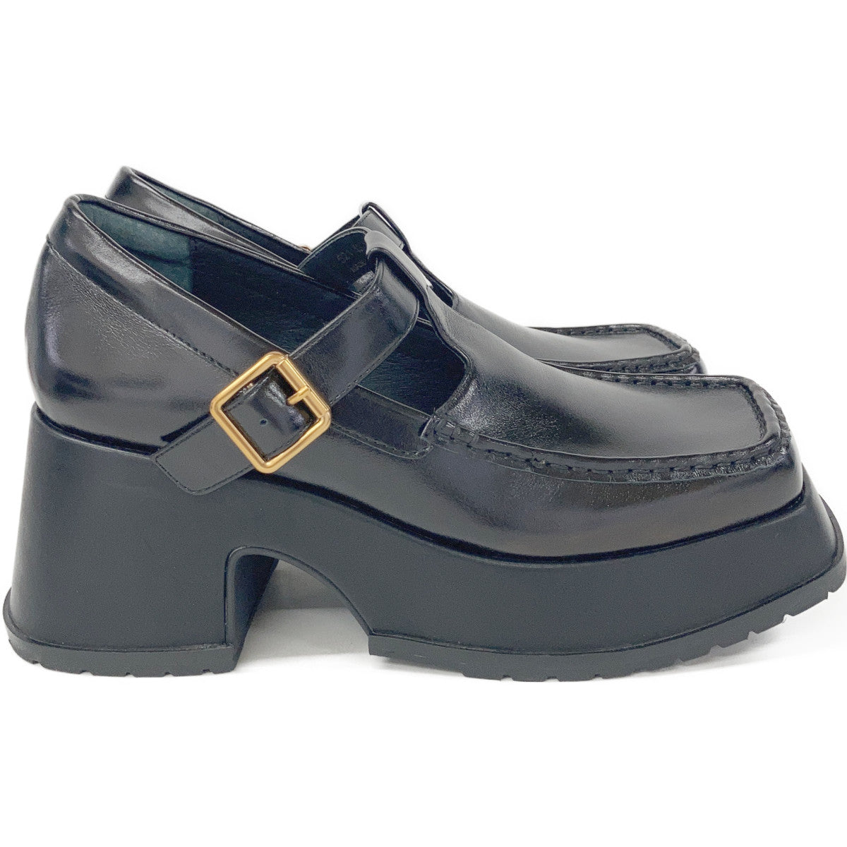 521143 Black Leather T-Strap Platform Shoes 40 Women's