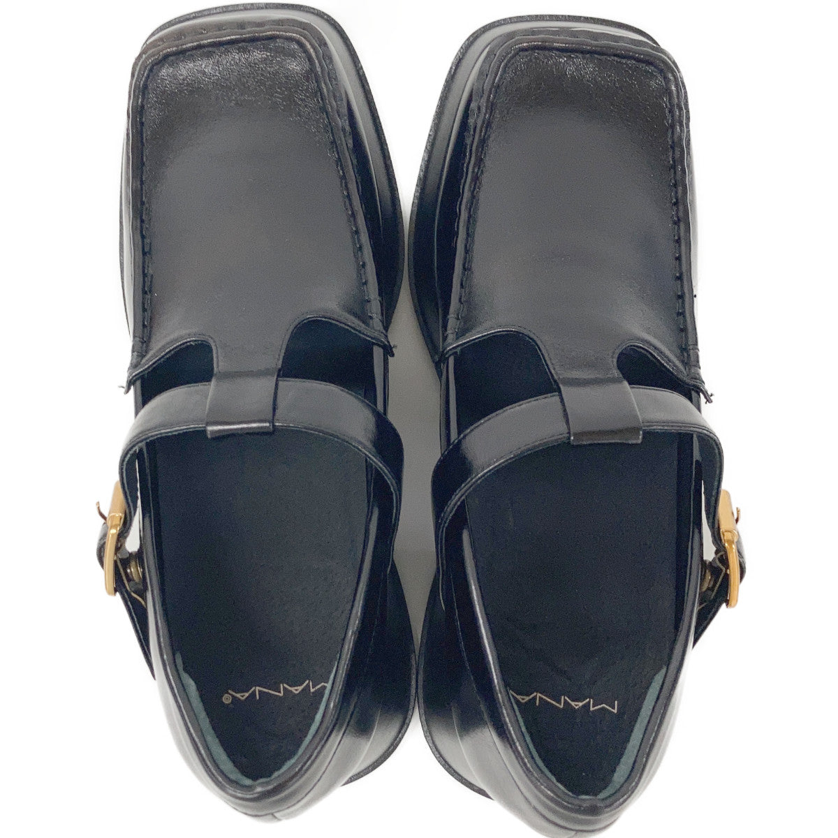 521143 Black Leather T-Strap Platform Shoes 40 Women's