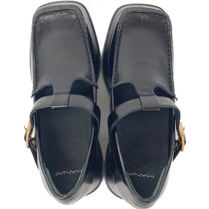 521143 Black Leather T-Strap Platform Shoes 40 Women's