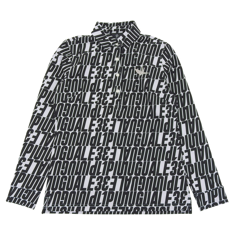 1piu1uguale3 Golf L/S Polo Diagonal Full Logo All-over Pattern Long Sleeve Polo Shirt Top White x Black II GST166-POE438 Top II