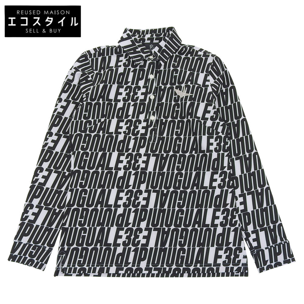 1piu1uguale3 Golf L/S Polo Diagonal Full Logo All-over Pattern Long Sleeve Polo Shirt Top White x Black II GST166-POE438 Top II