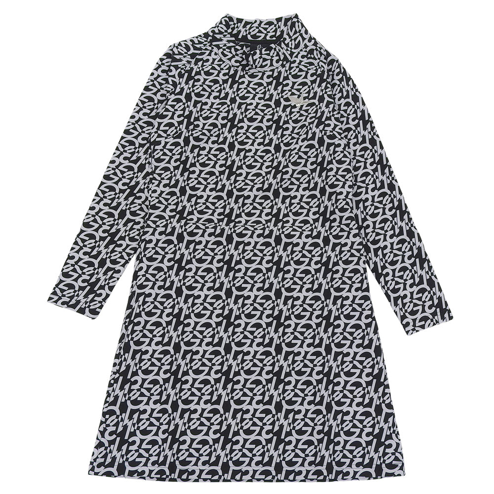 1piu1uguale3 ウノピゥウノウグァーレトレ 美品 GOLF ONE-PIECE 113G R-FULL LOGO 総柄 モックネック ワンピース 黒×白 I GST174-POE438 ワンピース
