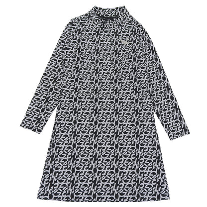 1piu1uguale3 ウノピゥウノウグァーレトレ 美品 GOLF ONE-PIECE 113G R-FULL LOGO 総柄 モックネック ワンピース 黒×白 I GST174-POE438 ワンピース