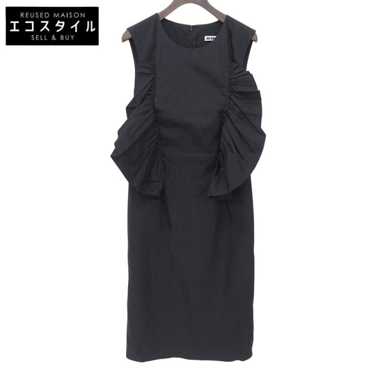 JILSANDER ジルサンダー コットン×ナイロン フリルデザイン バックジップ ノースリーブワンピース レディース 黒 ブラック 36 ワンピース