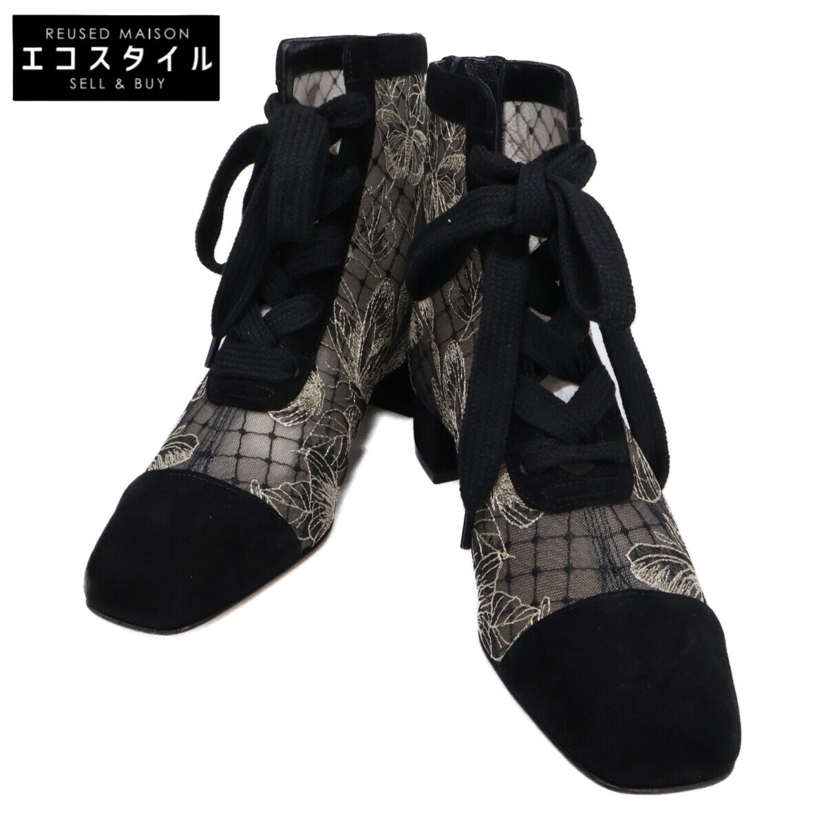 DIOR ディオール 【新品同様/23AW】Naughtily-D スエードｘエンブロイダリーメッシュ バタフライ レースアップ ヒールショートブーツ シューズ