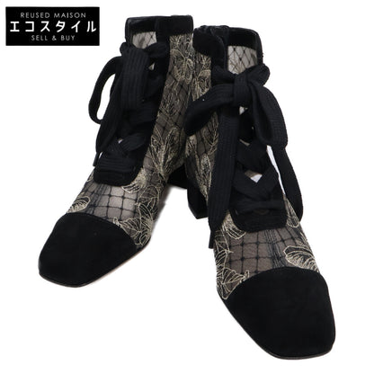 DIOR ディオール 【新品同様/23AW】Naughtily-D スエードｘエンブロイダリーメッシュ バタフライ レースアップ ヒールショートブーツ シューズ