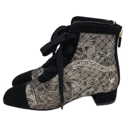 DIOR ディオール 【新品同様/23AW】Naughtily-D スエードｘエンブロイダリーメッシュ バタフライ レースアップ ヒールショートブーツ シューズ