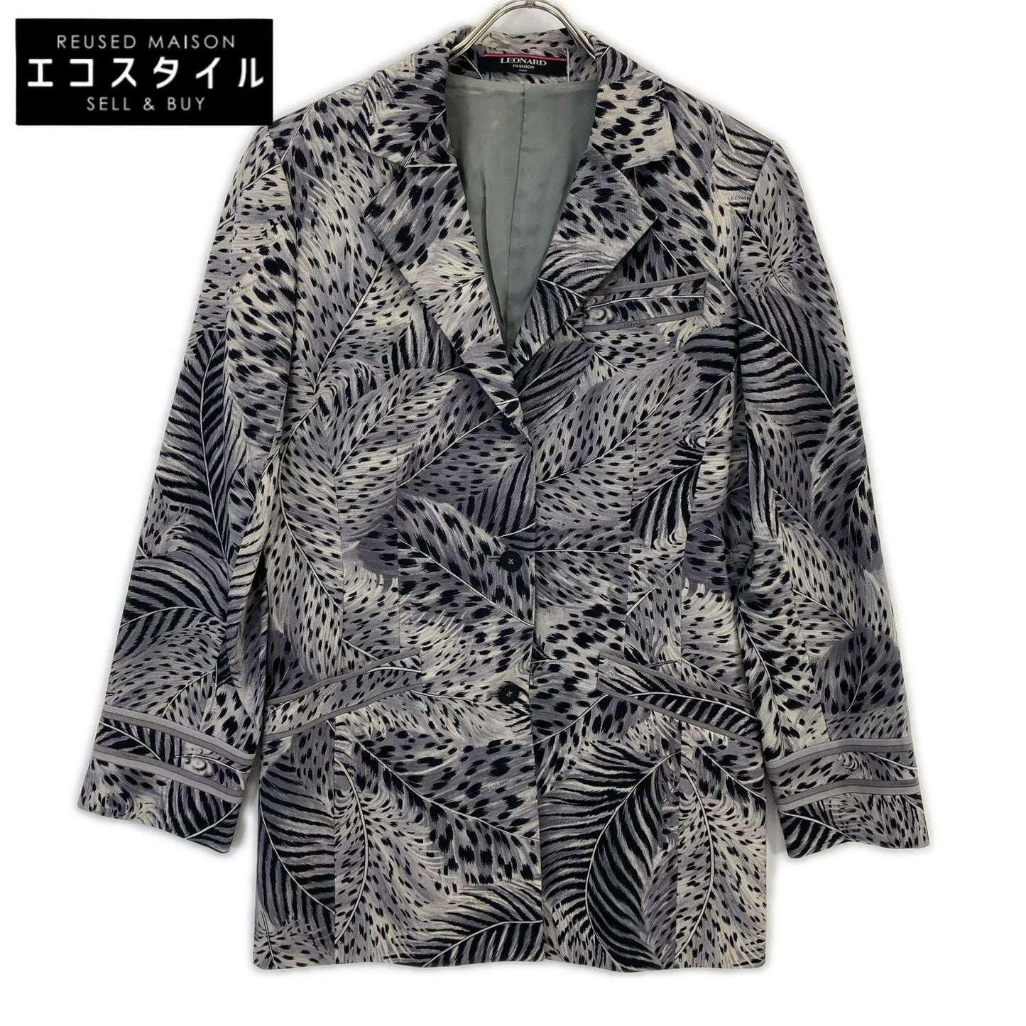 LEONARD 0341700 Gray Wool x Silk Center Vent Animal Print B Tailored Jacket