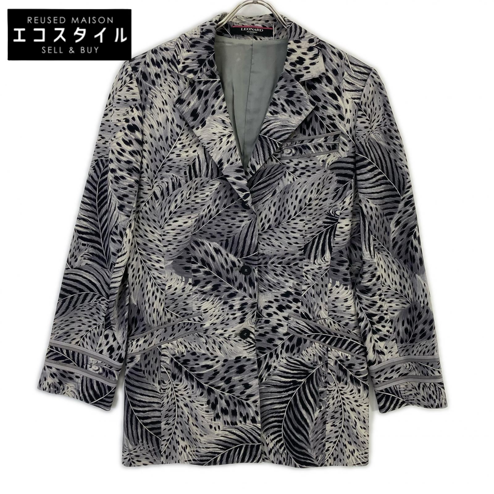 LEONARD 0341700 Gray Wool x Silk Center Vent Animal Print B Tailored Jacket