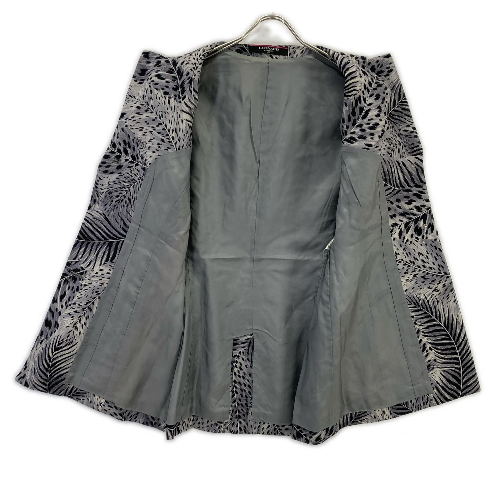 LEONARD 0341700 Gray Wool x Silk Center Vent Animal Print B Tailored Jacket