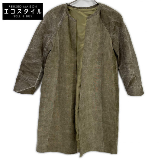 BEIGE 100% LINEN VINTAGE FABRIC COLLARLESS COAT Coat 40 Women's