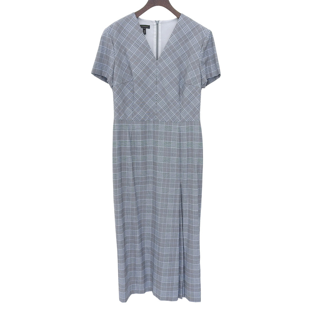 ESCADA エスカーダ チェック Vネック ワンピース レディース グレー×ブルー 36 5033846 ワンピース