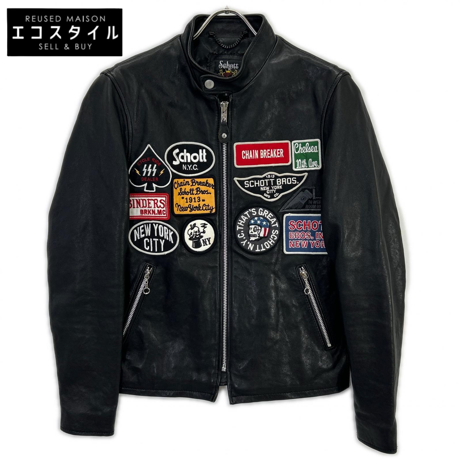 3191052 Black Lamb Leather Wappen Jacket S Men's