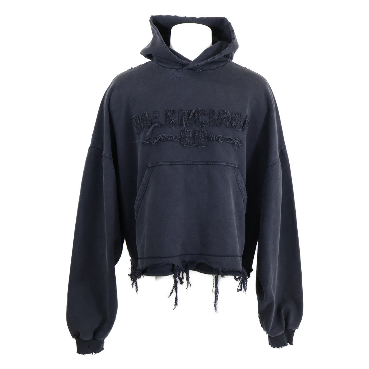 BALENCIAGA 【As new/Domestic regular/24 production】783397 Front Logo Frayed Distressed Pullover Cropped Hoodie Top