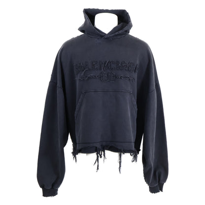 BALENCIAGA 【As new/Domestic regular/24 production】783397 Front Logo Frayed Distressed Pullover Cropped Hoodie Top