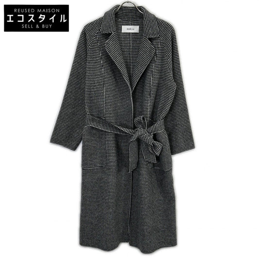S-02-CT-021 Black x White Houndstooth Wool Reversible Robe Coat, S, Women's