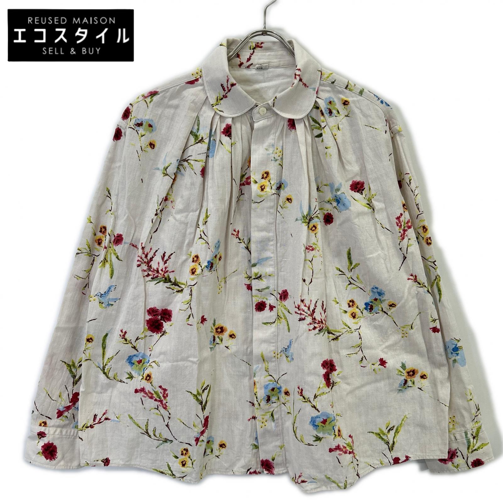 45R 70130274 White Indian Khadi Harunototonari Printed Ocean Tuck Blouse Top