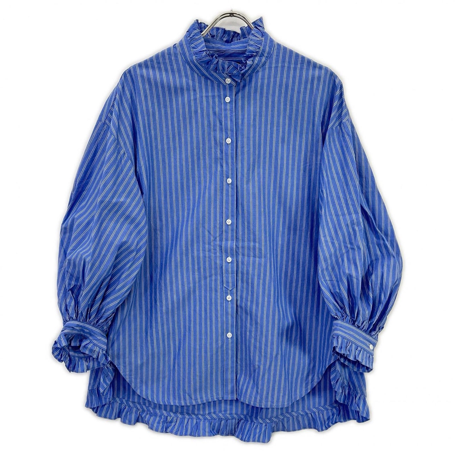PALE JUTE PJ-2024AW-03 Light Blue Long Tail Shirt Striped Frill Shirt Blouse Top