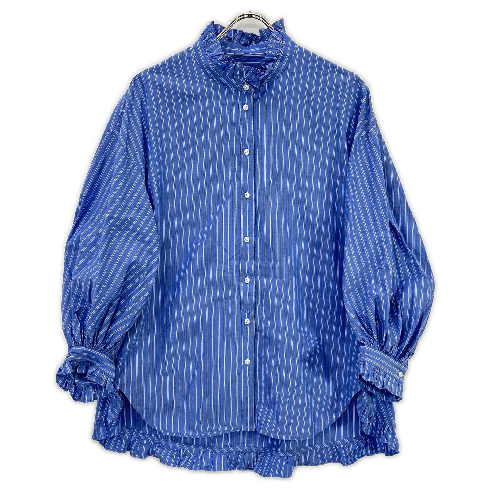 PALE JUTE PJ-2024AW-03 Light Blue Long Tail Shirt Striped Frill Shirt Blouse Top