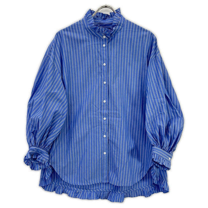 PALE JUTE PJ-2024AW-03 Light Blue Long Tail Shirt Striped Frill Shirt Blouse Top