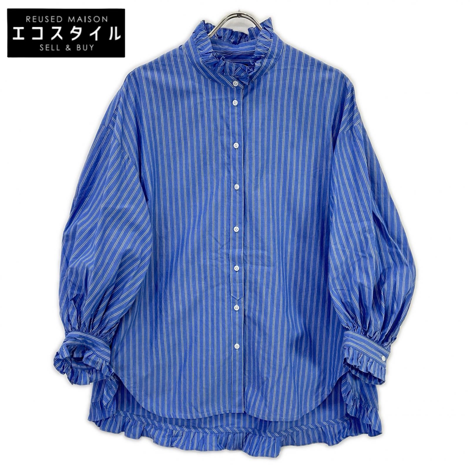 PALE JUTE PJ-2024AW-03 Light Blue Long Tail Shirt Striped Frill Shirt Blouse Top