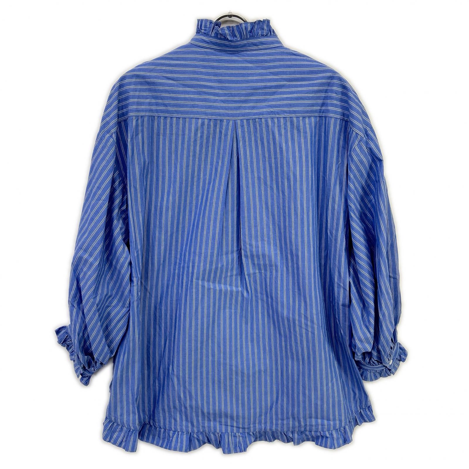 PALE JUTE PJ-2024AW-03 Light Blue Long Tail Shirt Striped Frill Shirt Blouse Top
