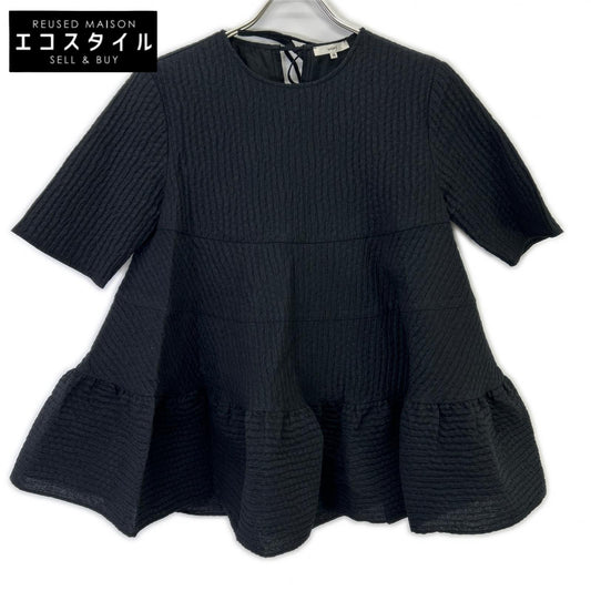 yori YR21-23065SM Black Cretiard Back Ribbon Short Sleeve Blouse Top