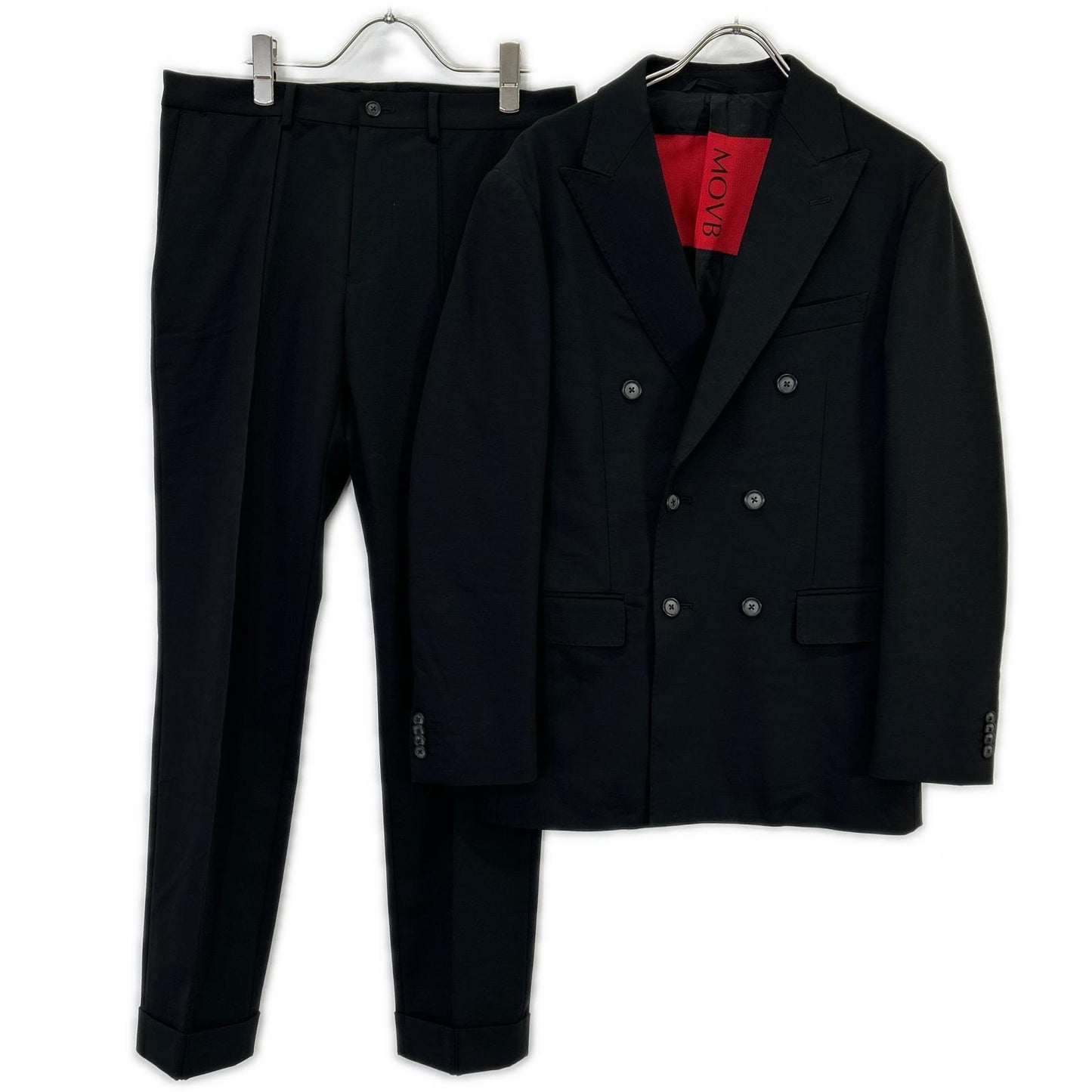 MOVB JK-021PR Navy Double-Breasted 6B Travel Jacket / PT-020PR Black Slim Tapered Travel Slacks Set-Up Suit