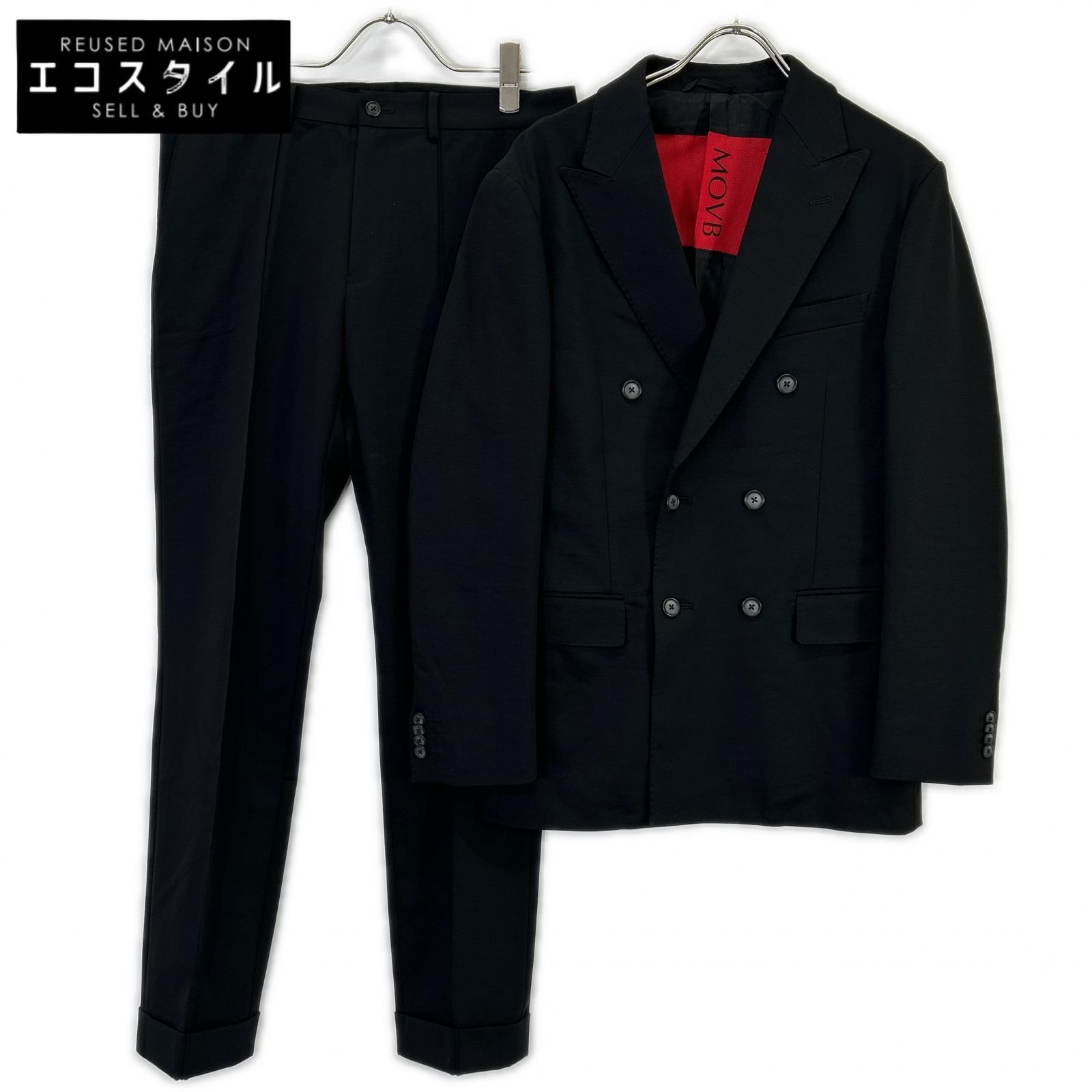 MOVB JK-021PR Navy Double-Breasted 6B Travel Jacket / PT-020PR Black Slim Tapered Travel Slacks Set-Up Suit