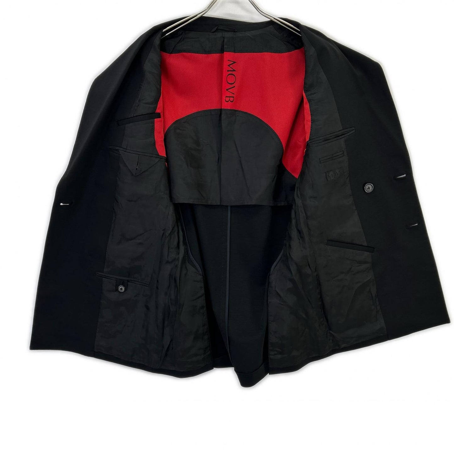 MOVB JK-021PR Navy Double-Breasted 6B Travel Jacket / PT-020PR Black Slim Tapered Travel Slacks Set-Up Suit