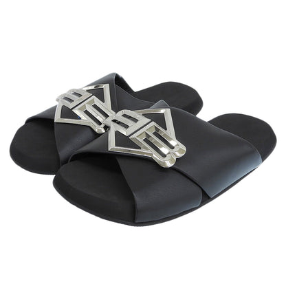 BALENCIAGA SUNSET FLAT MULE BB Logo Metal Plate Leather Sandals Shoes Men's Black 43 828478 25SS Shoes