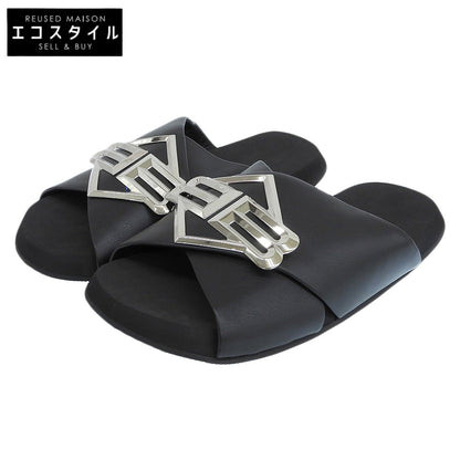 BALENCIAGA SUNSET FLAT MULE BB Logo Metal Plate Leather Sandals Shoes Men's Black 43 828478 25SS Shoes