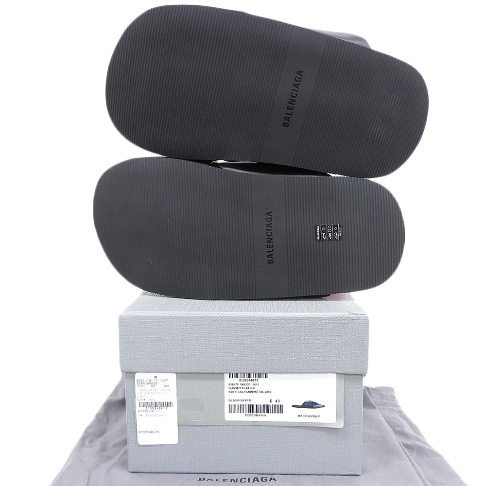 BALENCIAGA SUNSET FLAT MULE BB Logo Metal Plate Leather Sandals Shoes Men's Black 43 828478 25SS Shoes
