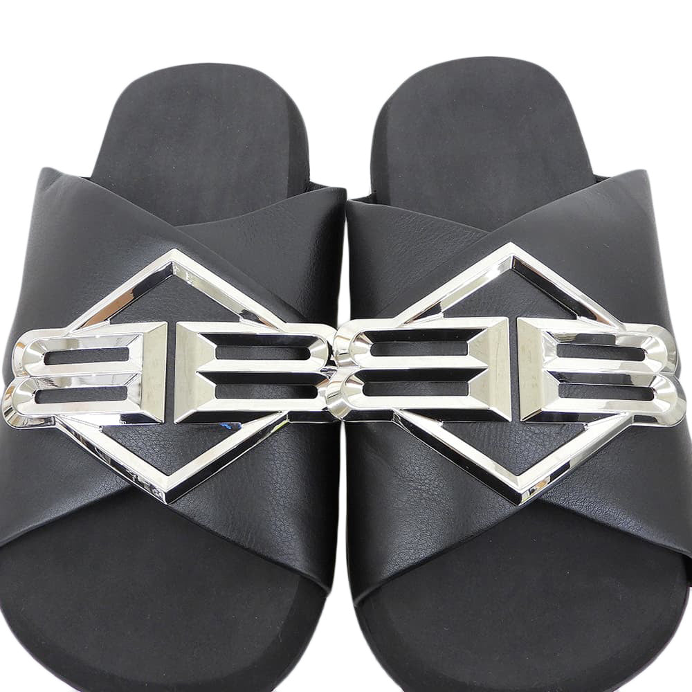 BALENCIAGA SUNSET FLAT MULE BB Logo Metal Plate Leather Sandals Shoes Men's Black 43 828478 25SS Shoes