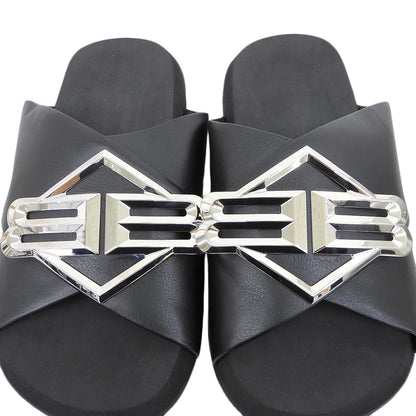 BALENCIAGA SUNSET FLAT MULE BB Logo Metal Plate Leather Sandals Shoes Men's Black 43 828478 25SS Shoes