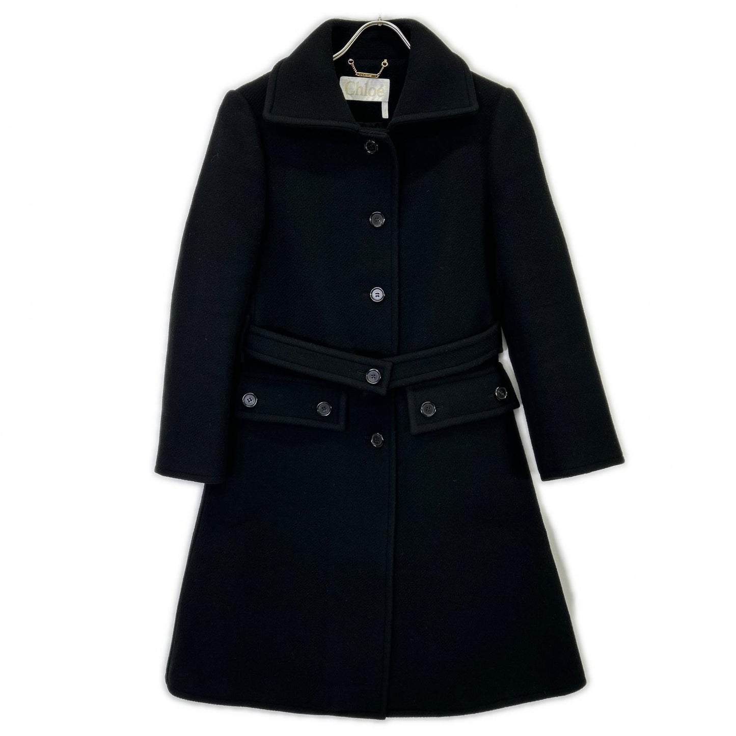 CHLOE Black Virgin Wool Belted Coat 34