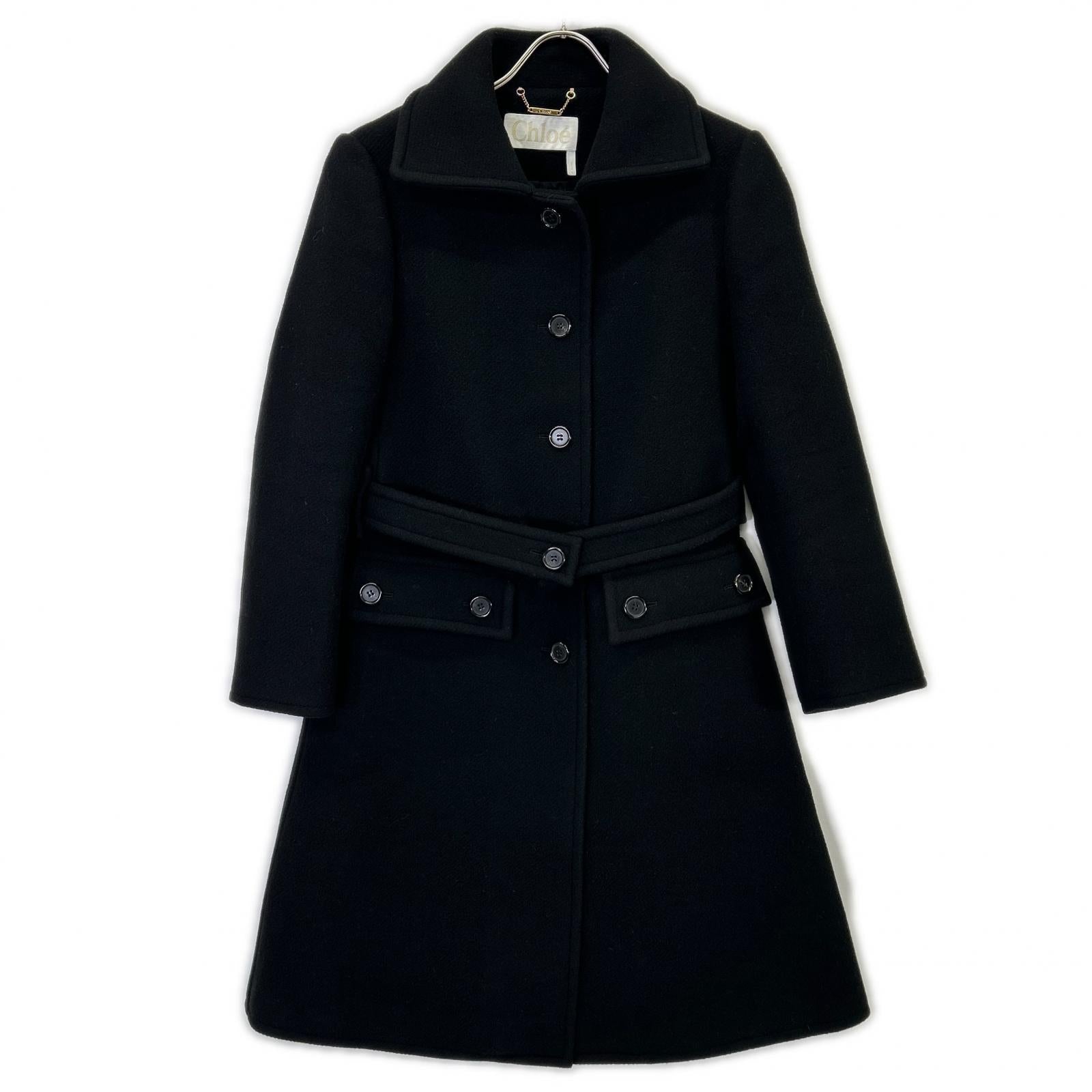 CHLOE Black Virgin Wool Belted Coat 34
