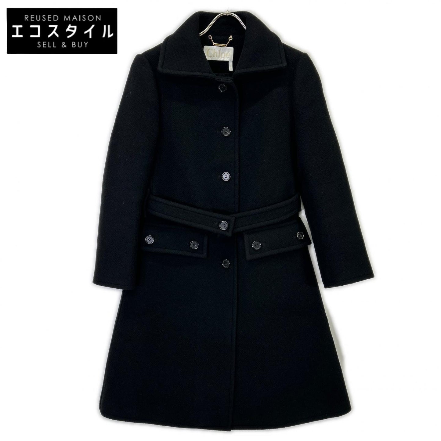 CHLOE Black Virgin Wool Belted Coat 34
