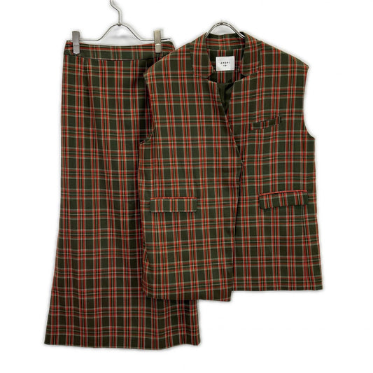 02110551234 ｸﾞﾘｰﾝ×ﾚｯﾄﾞ OTONA WRAP VEST SET UP DRESS ﾁｪｯｸｾｯﾄｱｯﾌﾟ M