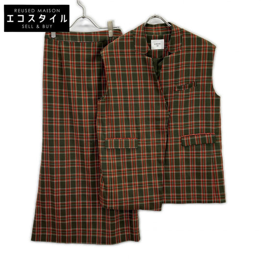 02110551234 ｸﾞﾘｰﾝ×ﾚｯﾄﾞ OTONA WRAP VEST SET UP DRESS ﾁｪｯｸｾｯﾄｱｯﾌﾟ M