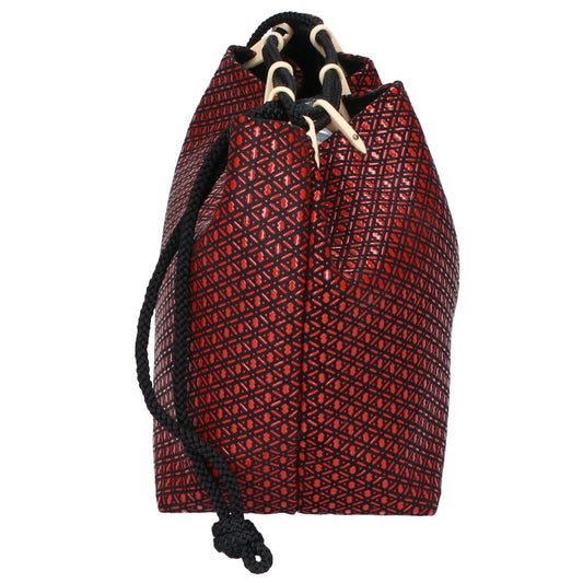 印傳屋 レッド×ブラック 鹿革×漆塗り 伝統工芸品 ひょうたん柄 巾着バッグ ハンドバッグ
