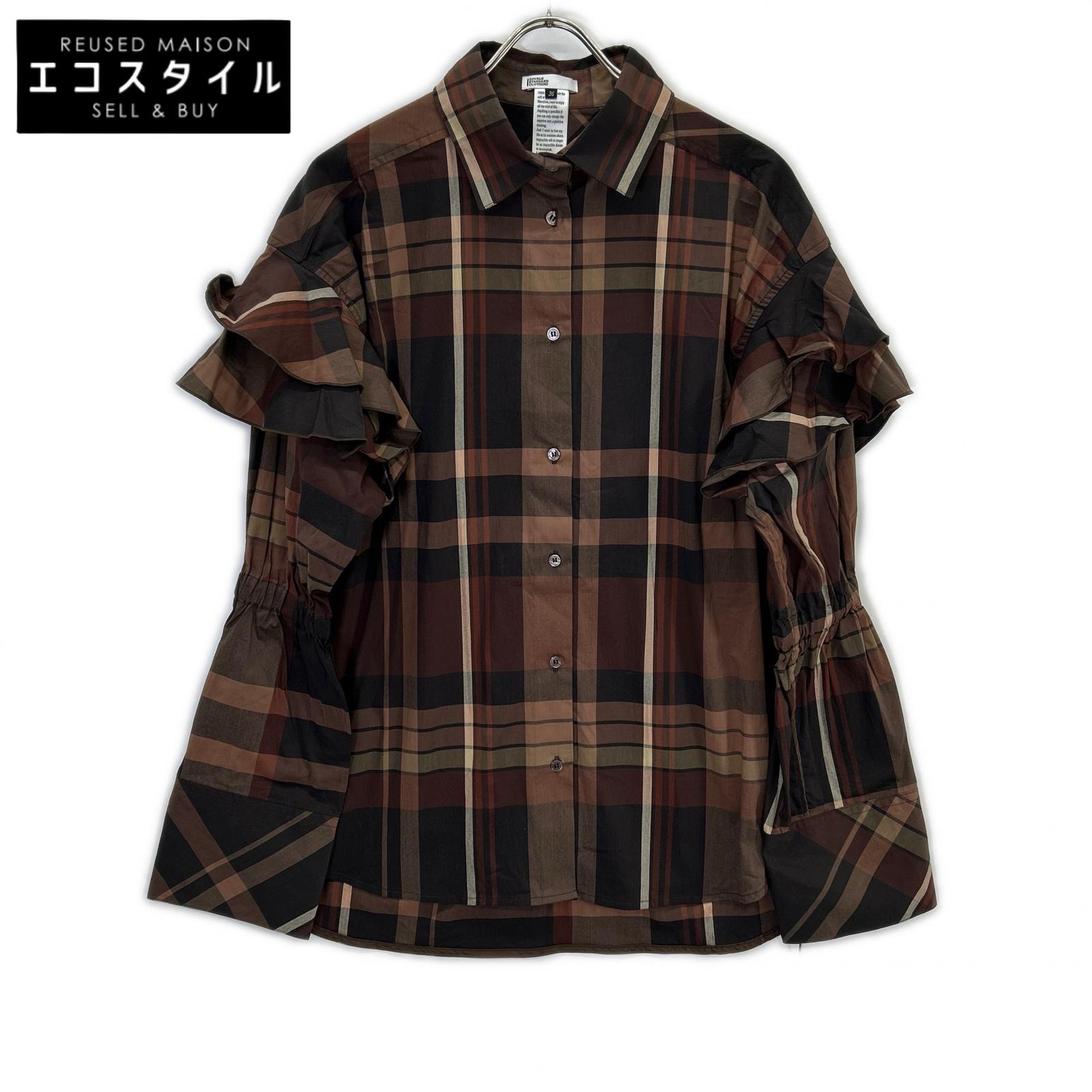 DOUBLE STANDARD CLOTHING 0204-310-233 Checkered Ruffle Sleeve Shirt Top