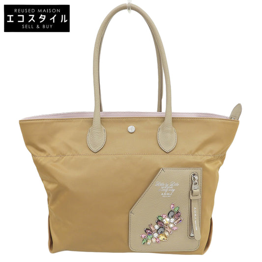 A.D.M.J. Accessoires De Mademoiselle ADMJ Beautiful Nylon x Shrunk Leather Swarovski Crystal Riders Pocket Walnut 23SC060404A Tote Bag