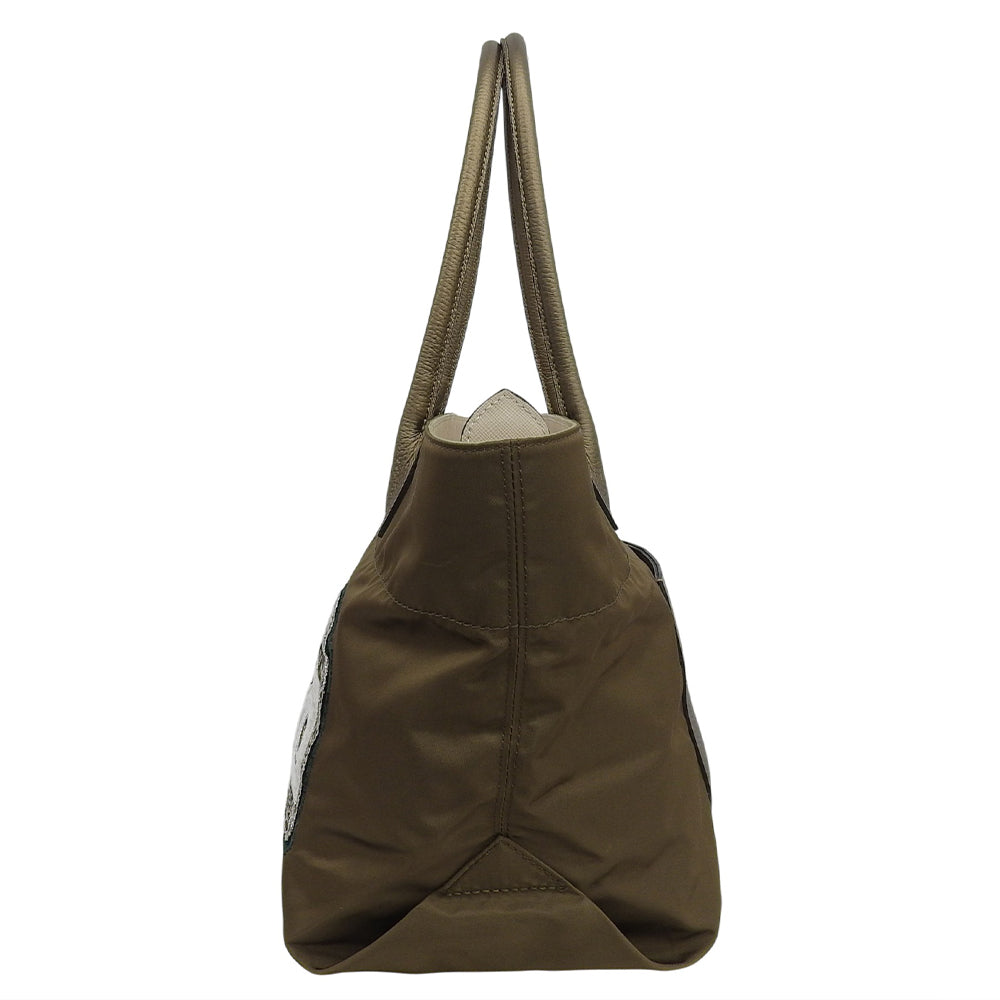 A.D.M.J. Accessoires De Mademoiselle ADMJ Beautiful Nylon x Shrink Calf Perfume Bottle Embroidery Sequin Tote Bag Khaki Tote Bag