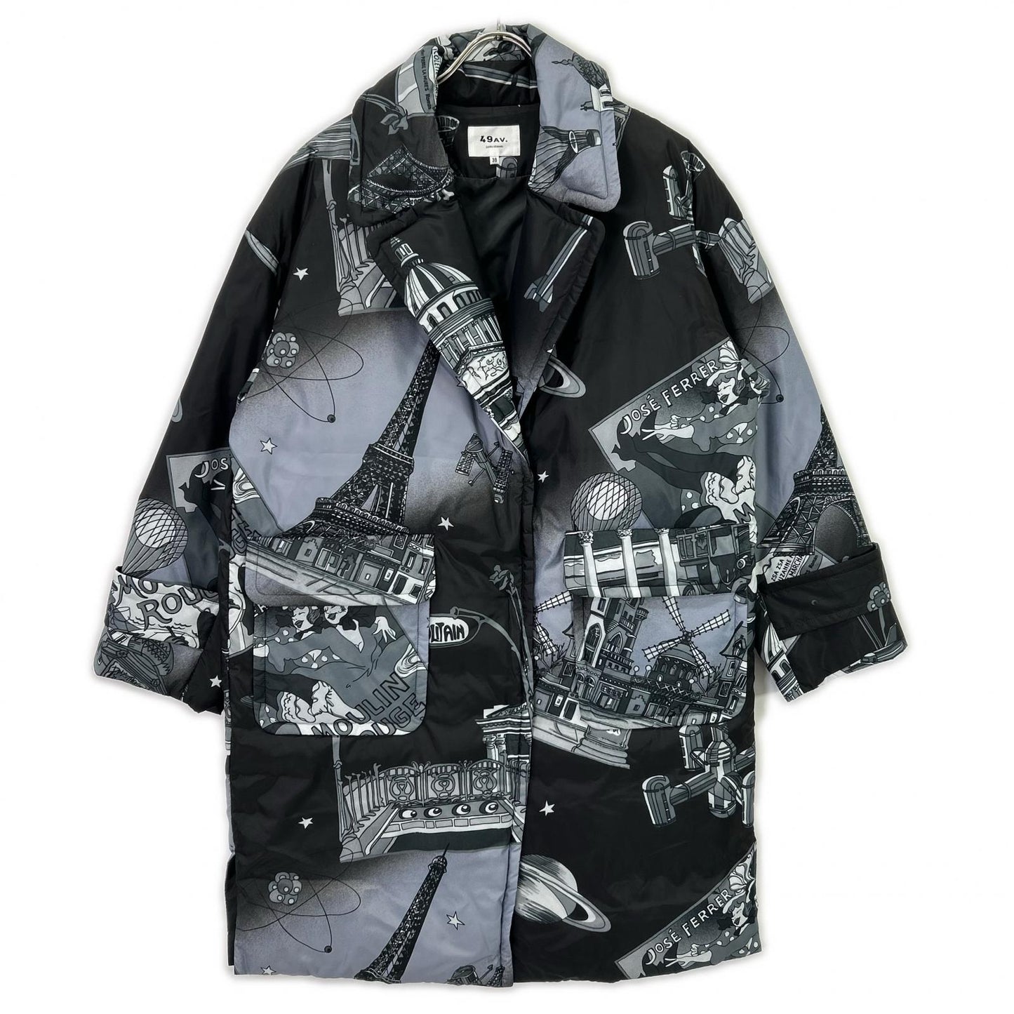 49av.Junko Shimada 49 Avenue Junko Shimada 313434229 灰色 涤纶 巴黎之夜满幅印花 长款羽绒服 夹克 38
