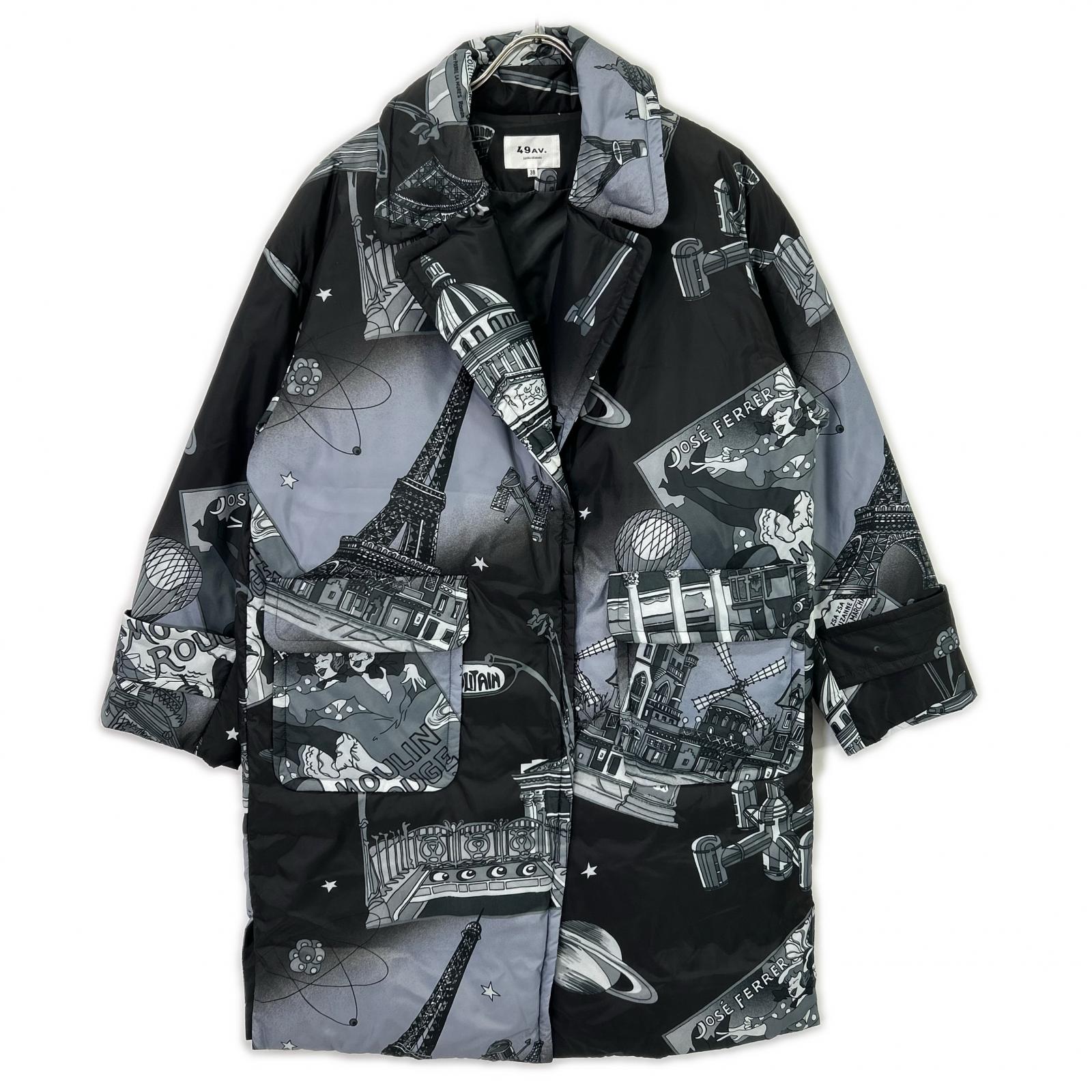 49av.Junko Shimada 49 Avenue Junko Shimada 313434229 灰色 涤纶 巴黎之夜满幅印花 长款羽绒服 夹克 38