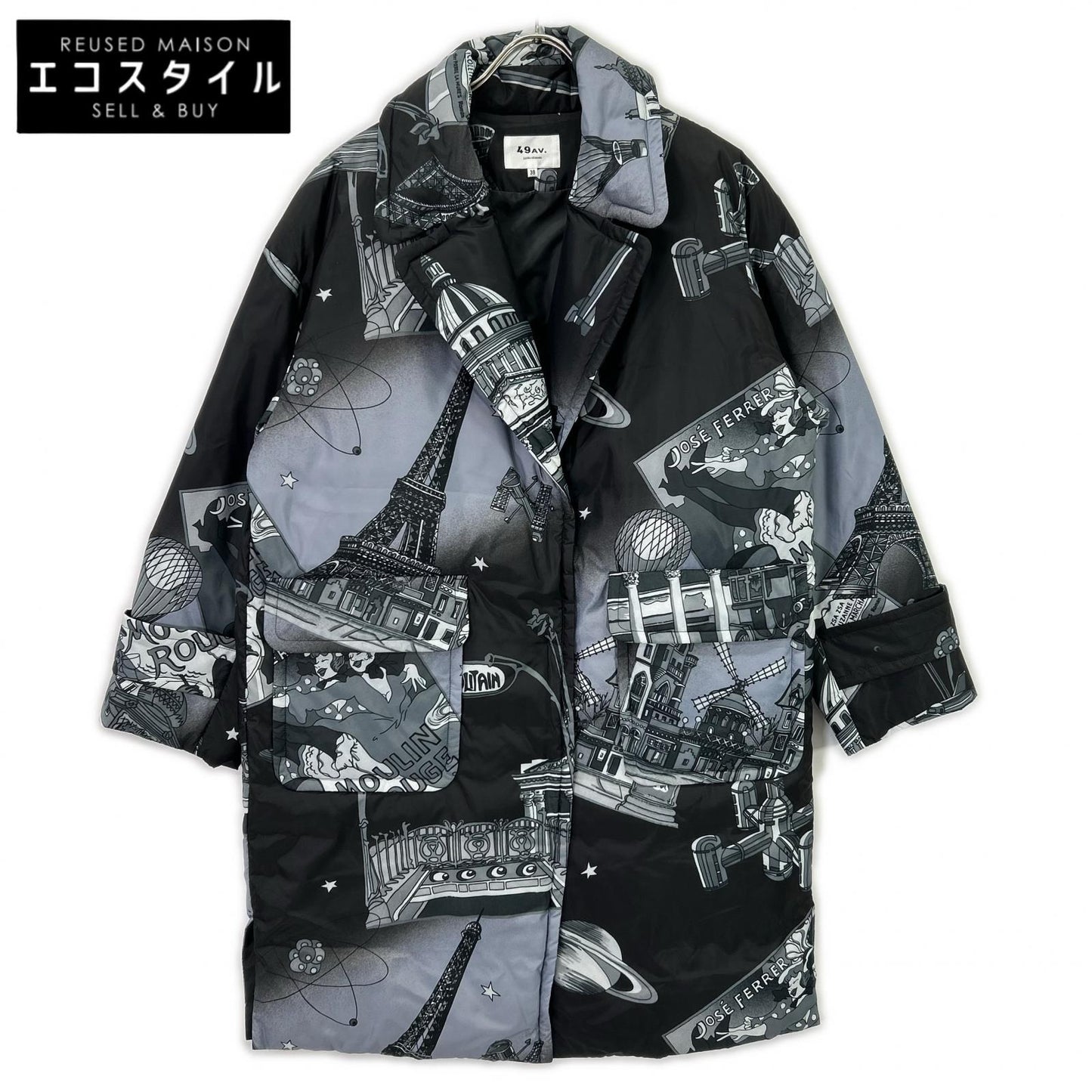 49av.Junko Shimada 49 Avenue Junko Shimada 313434229 灰色 涤纶 巴黎之夜满幅印花 长款羽绒服 夹克 38