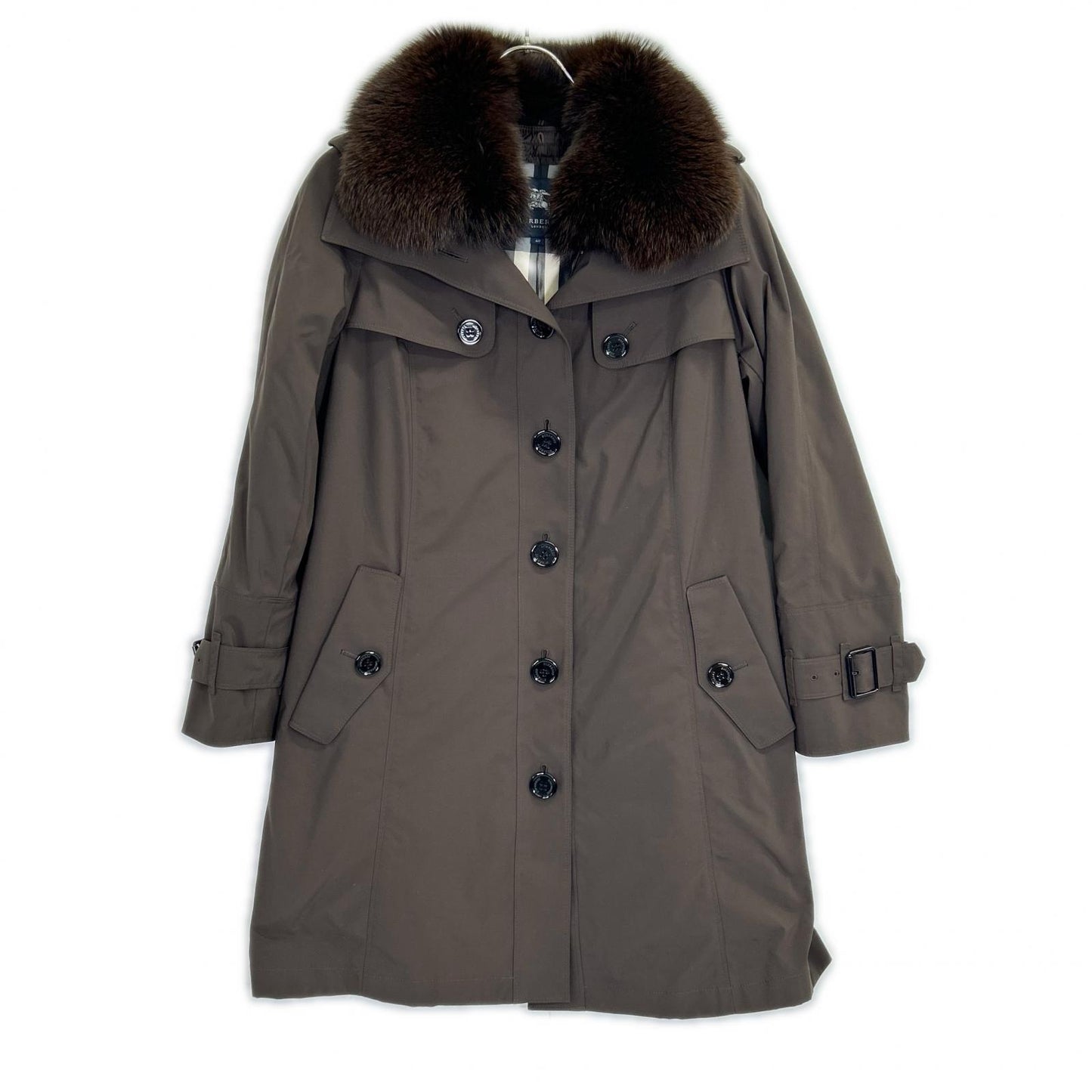 BURBERRY LONDON B1A23-661-58 Brown Nylon Down Liner Fox Fur Down Coat 40