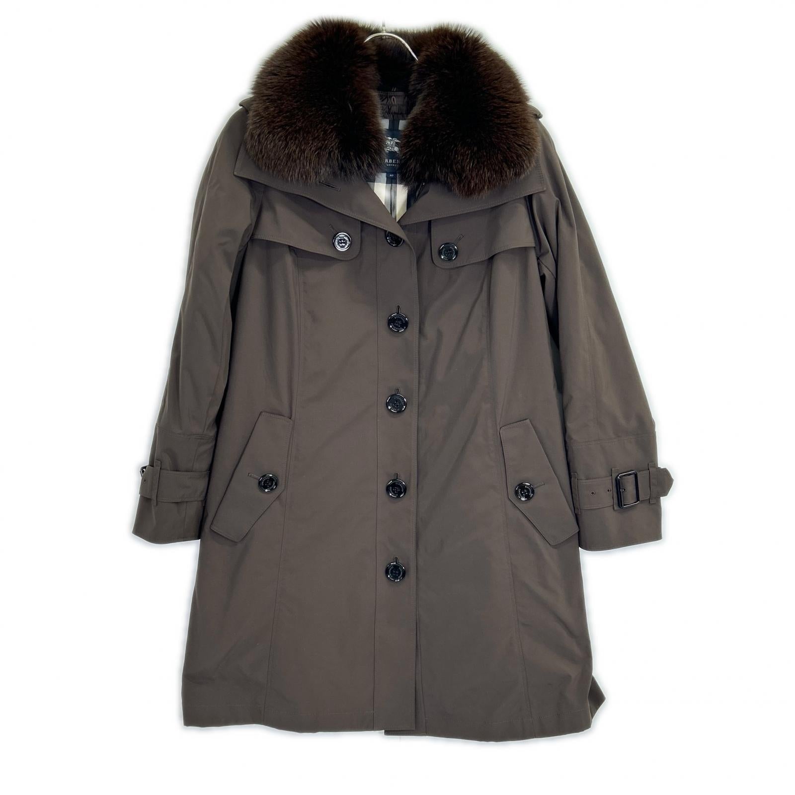 BURBERRY LONDON B1A23-661-58 Brown Nylon Down Liner Fox Fur Down Coat 40